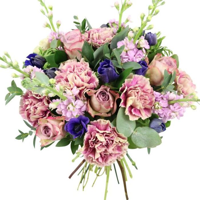 A richly textured bouquet is captured against a clean white background, every bloom and leaf arranged with the care of an experienced Camberley florist. At its heart, several garden roses in dusty rose, blush pink, and muted mauve open in generous layers, each petal curving outward in a classic spiral that speaks of romance and quiet luxury. Surrounding them, full-headed carnations add depth and softness, their ruffled petals shifting from creamy, almost vanilla centres to deeper pink and plum-toned edges, creating a sense of movement and fullness that feels almost cloud-like. Among these softer notes, deep indigo-blue and royal purple blooms stand out dramatically; some appear as smooth, tulip-shaped buds, while others open wider as anemones with dark, velvety centres, offering a striking contrast that anchors the arrangement visually, like glimpses of twilight over the tree line near Lightwater Country Park not far from Camberley. Slender stems of lavender and lilac-coloured stock rise through the composition, dotted with many small, delicate blossoms that introduce airy height, a subtle pastel haze, and an imagined light, powdery fragrance. The bouquet is framed by an abundance of foliage: rounded, silvery eucalyptus leaves and darker green stems that fill the spaces between blooms, giving structure, freshness, and a touch of soft, grey-green calm. At the bottom, the gathered stems are neatly tied, emphasizing that this is a hand-crafted, ready-to-gift bouquet, suitable for same-day delivery around Camberley and the surrounding villages. The carefully balanced palette of pinks, purples, blues, and greens makes this design ideal for weddings, anniversaries, thoughtful thank-you flowers, or elegant sympathy tributes that bring a soothing beauty into any local home.